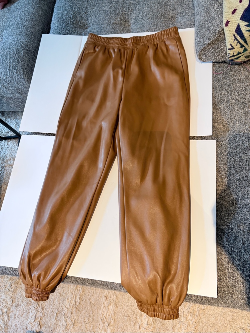 Apparis Tan/Brown Faux Leather Elastic Waist Joggers